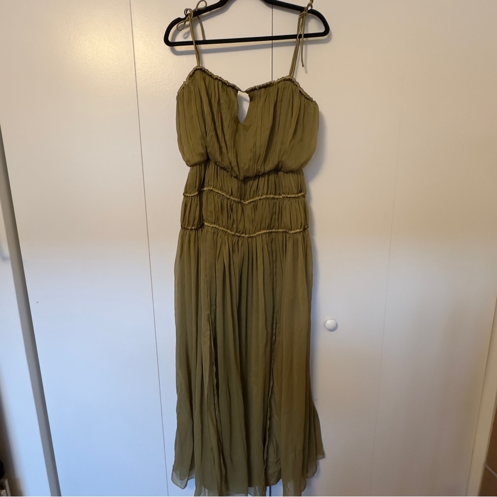 ASOS Olive Green Smocked Tiered Maxi Dress with Slit - Picture 2 of 7